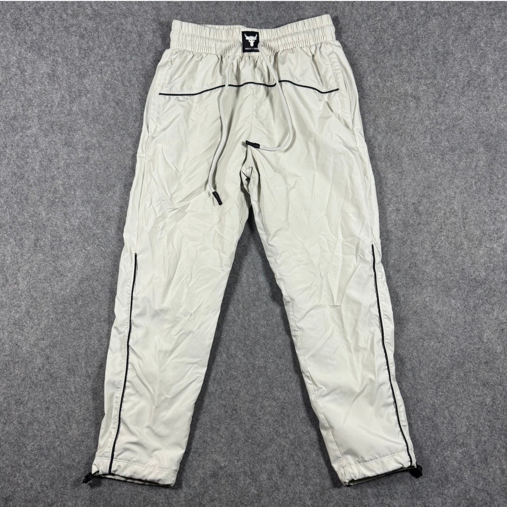 Under Armour Project Rock Pants Mens XS Beige 1373593 Track Joggers Mesh Lined